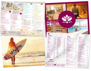 Speisekarten im Gastrobereich Bikini-Cafe: Verspielt und spassig Sauna-Lounge: edel und beruhigend